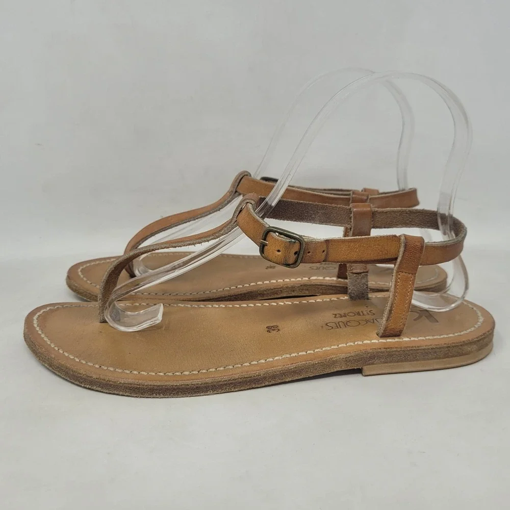 K.Jacques Sandals EU38 US7 Brown Leather T-Strap Gladiator Flat Resort Vacation